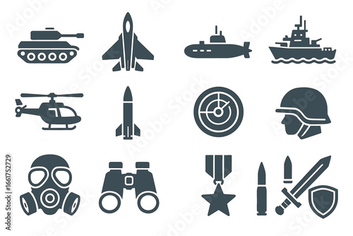 Military icon set: tank, jet, submarine, helicopter, radar, gas mask, binoculars, medal, helmet, weapons
