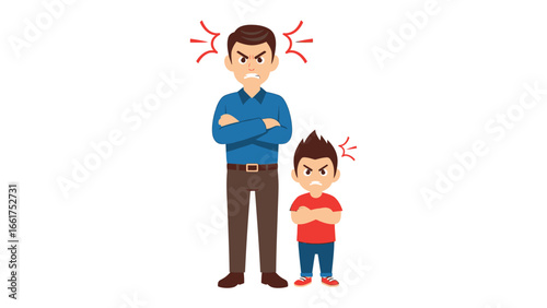Angry Father and Son: A poignant depiction of familial tension, illustrating a father and son standing together with crossed arms, their faces contorted in expressions of anger.