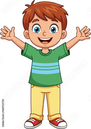 Cartoon red‑haired character vector illustration, wearing green striped shirt and yellow pants, arms raised in cheerful pose, cute children’s design, isolated background
