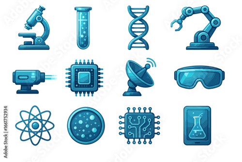 Scientific icons set featuring lab equipment, robotics, and biotechnology symbols