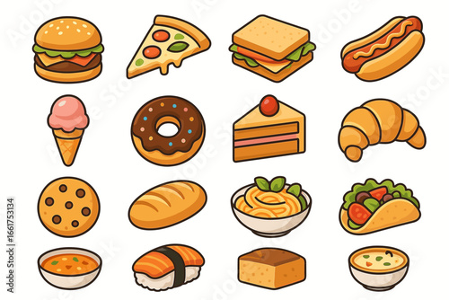 Colorful cartoon icons of various foods and desserts
