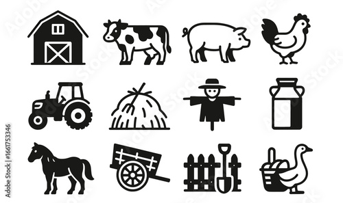 Farm village icons set featuring barn, animals, and tools