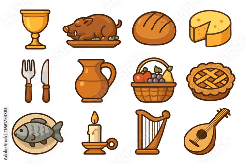 Medieval feast icons with food, instruments, and tableware