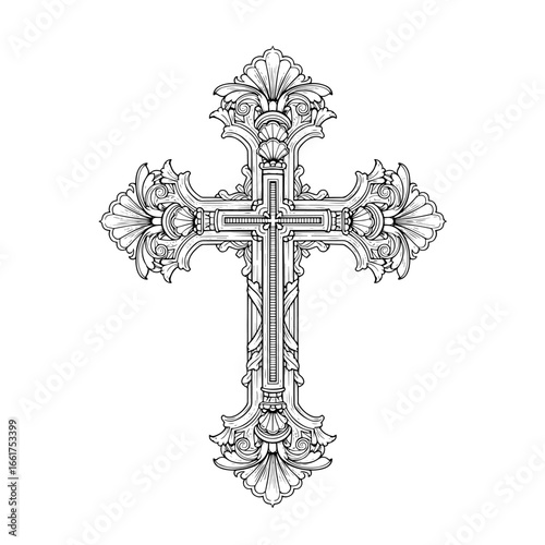 An intricate line art drawing depicts an ornate cross with detailed floral and scrollwork elements, ideal for religious art or design projects.