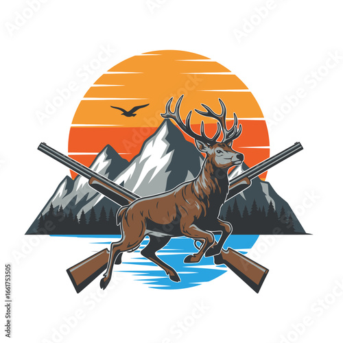 A majestic deer leaps across a serene lake, set against a breathtaking mountain backdrop at sunset.  Two shotguns cross, adding a hunting theme.