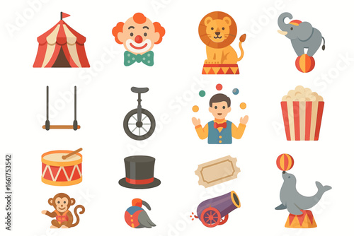 Colorful circus icons featuring clown, animals, props, and performers