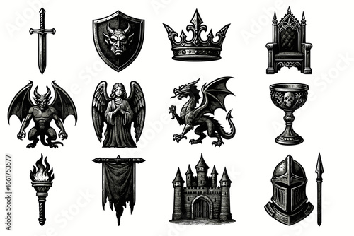 Medieval symbols: sword, shield, crown, throne, gargoyle, dragon, chalice, armor, castle