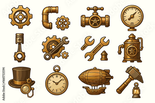 Steampunk gear and machinery icons with brass and bronze elements