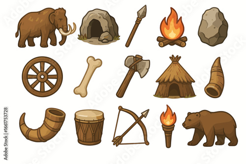 Collection of prehistoric tools and symbols with mammoth and bear illustrations