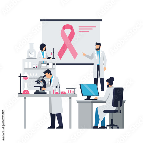 Breast cancer research team in laboratory illustration