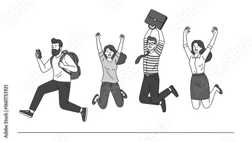 Energetic Leap: Dynamic illustration captures the collective joy and boundless enthusiasm of individuals as they leap forward in a display of pure elation and achievement.