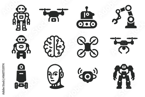Collection of robotics and ai icons featuring robots, drones, and brain symbol