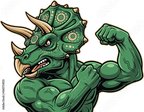 Muscular anthropomorphic triceratops flexing arm, fierce dinosaur character with human‑like body, strong prehistoric creature illustration, fantasy and mascot design, isolated vector