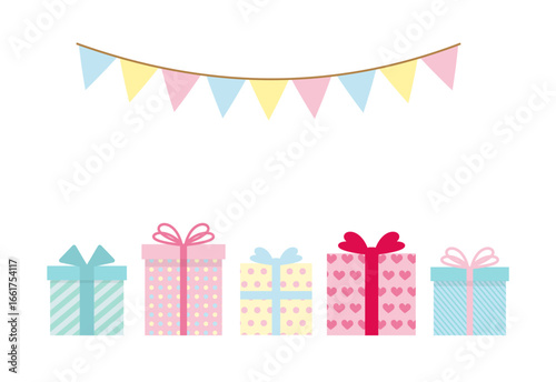 誕生日プレゼントの並んだカラフルで可愛い誕生日カードのイラスト