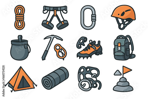 Essential mountaineering equipment: ropes, harnesses, helmets, and camping gear icons