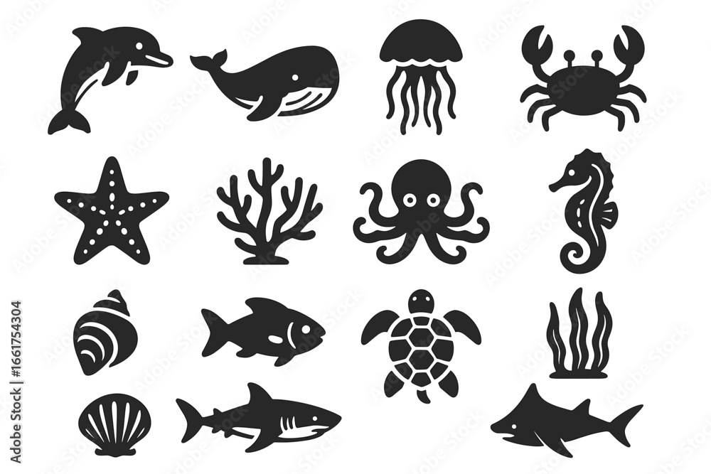 Obraz premium Silhouettes of marine life: dolphins, whales, jellyfish, and more