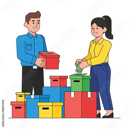 Volunteering: A cheerful pair collaborates, meticulously sorting and organizing donations into vibrant boxes, demonstrating dedication and care.