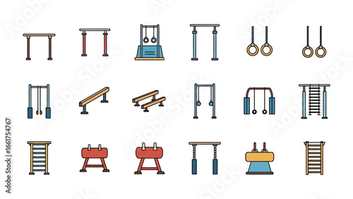 Gymnastic Equipment: A set of diverse gymnastic equipment, presented in a minimalist graphic style. Ideal for sports and fitness-related topics, representing training, exercise.