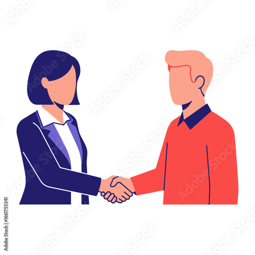 Handshake and Partnership: A modern illustration depicting a professional handshake between a woman and a man. The image symbolizes agreement, partnership, and successful collaboration.