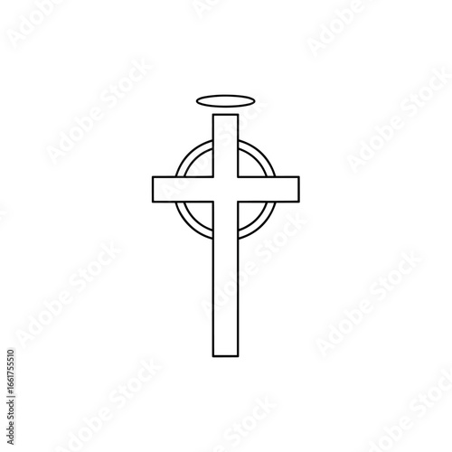 A simple line drawing shows a cross with a halo above it, which can be used for religious themes or symbolic representation.