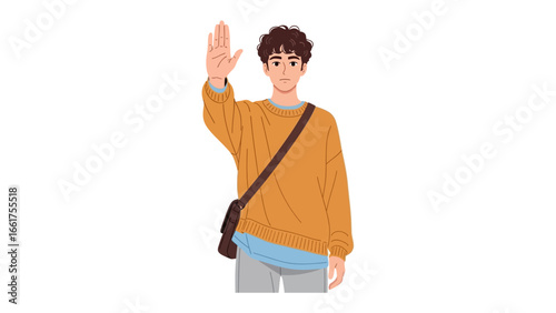 Greetings Gesture: A friendly individual with raised hand expressing greeting. The scene conveys a sense of amiability and approachability. 