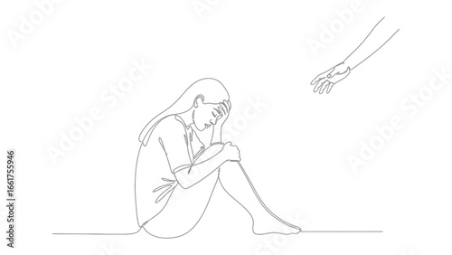 Seeking solace: A drawn image showing the vulnerability of a lone figure, accompanied by a welcoming helping hand. Evoking a sense of quiet strength and resilience amidst an ongoing struggle.