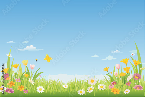 a colorful cartoon field of flowers and butterflies under a blue sky with clouds