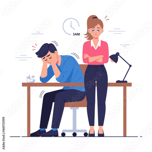 Weary and Worried: A depiction of two figures in the office. They are worn out after working. The office is at 3AM.  Emphasizing the toll of work stress and burnout on the figures in the workplace.