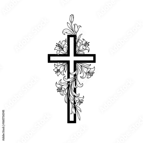Illustration of a religious cross intertwined with a lily flower vine used for symbolic representation.