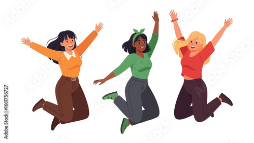 Joyful Trio Leaping High: Three young women, bursting with elation, leap into the air, arms outstretched in a vibrant display of happiness, friendship, and freedom.