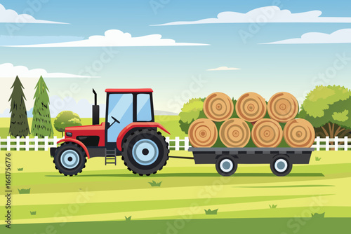Red tractor pulling a trailer with hay bales in a green field landscape