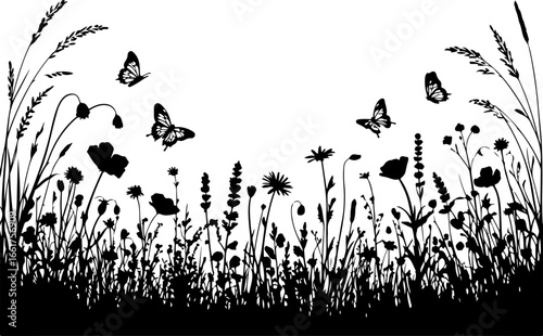 a black silhouette illustration of a wildflower meadow filled with tall grasses