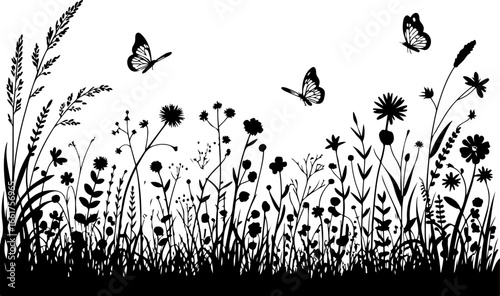 a black silhouette illustration of a wildflower meadow filled with tall grasses