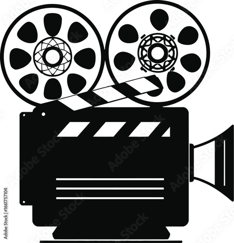 Vintage Film Projector Icon Vector – Classic Movie Camera with Clapperboard for Cinema, Filmmaking, and Entertainment Design
