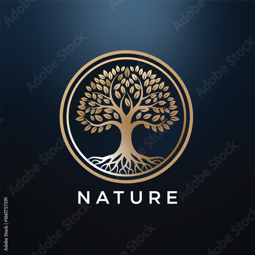 A sophisticated logo design featuring a symmetrical tree with lush leaves and visible roots, enclosed within a circular border. The tree is rendered in a metallic gold tone, symbolizing growth, balanc