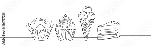 Bakery Cupcake Ice Cream Cake Continuous Line Hand Drawn Vector Editable Stroke