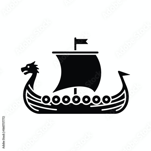 Silhouette of a Viking longship, detailed design, against a white background.