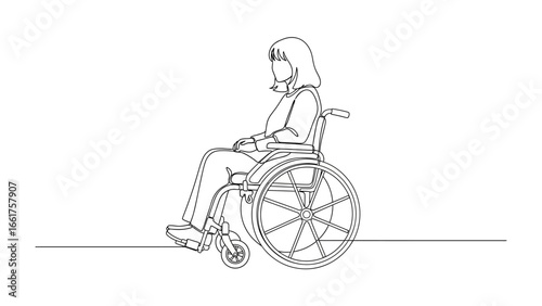 Line Art: A depiction of a woman seated in a wheelchair, symbolizing mobility, accessibility, and the human spirit. This minimalistic illustration invites reflection on themes of independence.