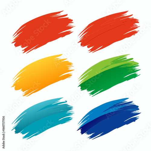 Vibrant brushstrokes of primary colors swirling in an abstract design Color brushstrokes oil or acrylic paint design elements. Vector illustration set of 6