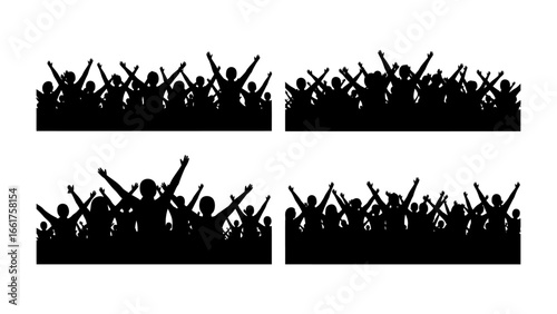 Enthusiastic Crowd Silhouette: The collective energy of a crowd erupts in silhouette, with numerous figures raising arms in a moment of pure elation and shared experience.