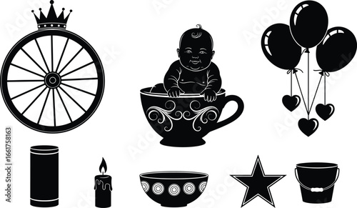 Variety of vector icons, black and white illustration, baby in teacup, balloons with hearts, crown and wheel, candle, bowl, star, bucket