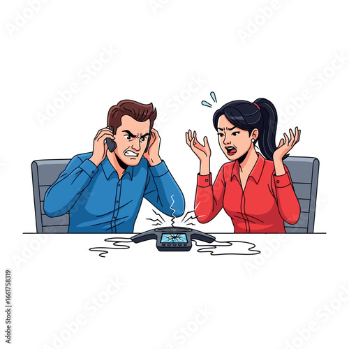 Argument on Speakerphone: A tense depiction of a heated office discussion, captured in a cartoonish style, as two individuals grapple with conflict during a speakerphone call.