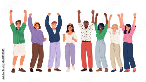 Collective Celebration: A vibrant collective of people, diverse in background and perspective, raises their arms in unity, symbolizing shared triumph and echoing a message of solidarity. 
