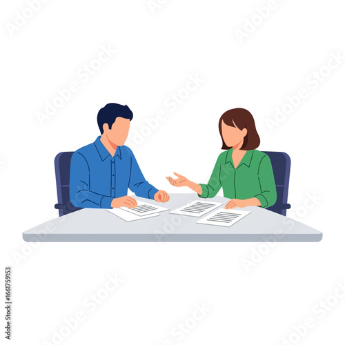 Collaboration: A dynamic visual illustrating a crucial moment in business: a focused man and woman deeply engaged in conversation around a table, examining critical documents.