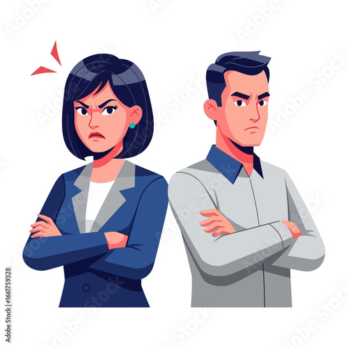 Animated conflict and disagreement: A graphical illustration of two individuals, a man and a woman, embodying opposing viewpoints and expressing a state of frustration and conflict.