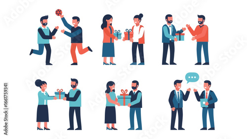 Gift exchange scenes: A collection of illustrations depicting various individuals engaged in exchanging presents, suitable for occasions of giving or a sense of camaraderie and celebration.
