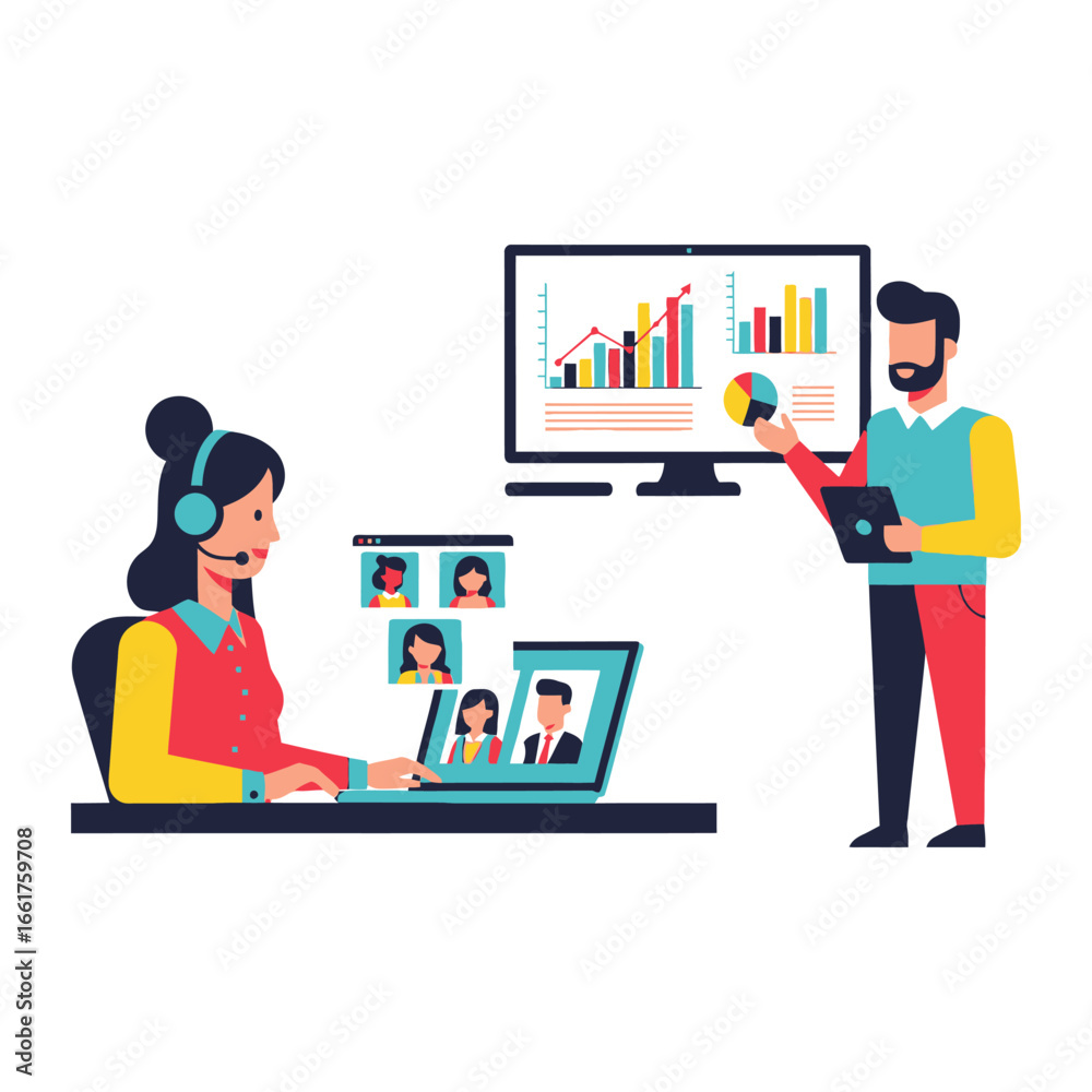Fototapeta premium Business Presentation: Two colleagues collaborate, one analyzing data on a screen while the other leads a virtual conference call, embodying modern teamwork and technological integration.