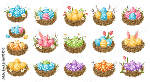 Assorted easter eggs in bird nests with floral and bunny ear decorations