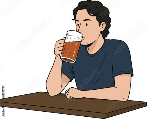 Illustration of a young male with dark hair wearing tshirt drinking beer from a glass, isolated on white background