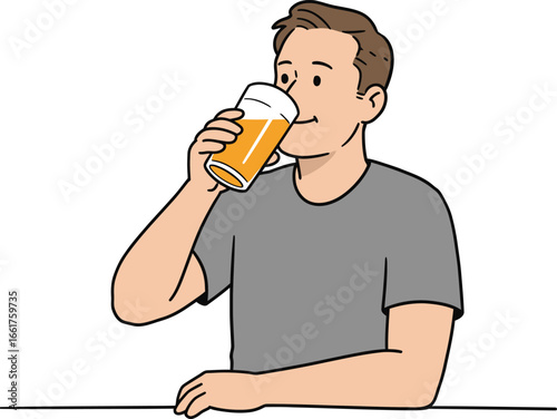 Illustration of a young male drinking beer from glass, isolated on white backround